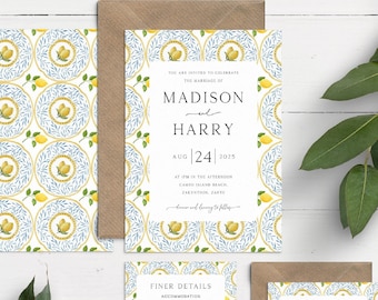 Mediterranean Tile Wedding Invitations, Lemon Wedding Invitations, Destination Wedding Invite, Printed Wedding Invites With Envelopes