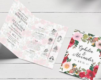 Flower Wedding Invitation, Red & Pink Floral Wedding Invite, Folded Wedding Invitation, Pink Flower Invitation, Red Rose Wedding Invite