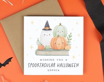 Spooktacular Halloween Card, Cute Ghost and Pumpkin Card, Personalised Halloween Card, Kawaii Halloween Card