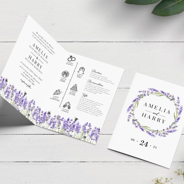 Lavender Wedding Invitation, Folded Wedding Invitation, Lavender Flower Invitation, Pretty Summer Wedding Invite, Purple Floral Wedding