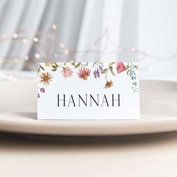 Wildflower Place Cards, Personalised Wedding Name Cards, Simple Wedding Place Names, Folded Name Cards, Wild Floral Place Setting Card