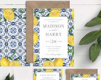 Lemon Wedding Invitations, Destination Wedding Invitation, Printed Yellow & Navy Wedding Invites With Envelopes, Mediterranean Tile Wedding