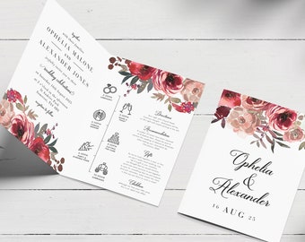 Flower Wedding Invitation, Red Floral Wedding Invite, Folded Wedding Invitation, Red Rose Wedding Invite Burgundy And Blush Wedding Invite