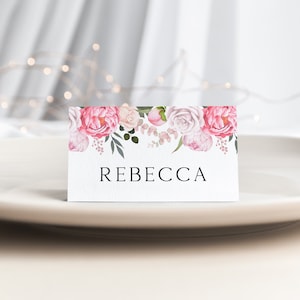 Marques de lieu rose rose, Cartes de visite personnalisées pour mariage, Noms de lieux pour mariage avec fleurs, Cartes de visite pliées, Marque-places pivoine rose