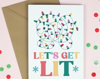 Funny Christmas Card, Let’s Get Lit Festive Lights Design, Funny Xmas Card for Friends, Family or Colleagues