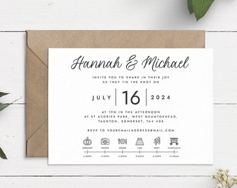 Simple Wedding Invite, Wedding Day Timeline Invitation, Wedding Party Invite, All In One Invite, Wedding Invite With RSVP, Order Of The Day