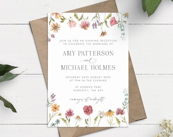 Wildflower Evening Wedding Invitation, Reception Only Invite, Botanical Wedding Invite, Meadow Flowers Wedding Invite, Elopement Invitation