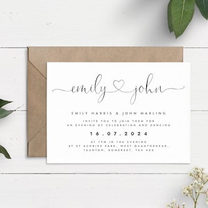 Invitación simple de recepción de boda por la noche, invitación de boda de corazón bonito, invitación de solo recepción, invitaciones de boda modernas, invitaciones después de fiesta