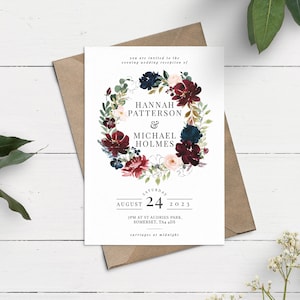 Evening Wedding Invitation, Winter Wedding Invitation, Navy & Burgundy Wedding, Reception Only Invite, Elopement Invitation Suite