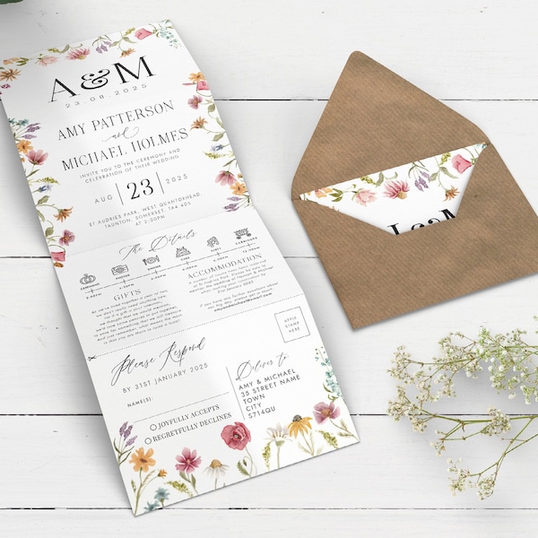 Wildflower Wedding Invitation, Concertina Wedding Invitation, Meadow Wedding Invitation, Pretty Wedding Invite, Summer Flower Wedding Invite