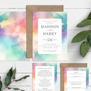 Faire-part de mariage arc-en-ciel, Faire-part coloré, Faire-part de mariage, Faire-part de mariage aquarelle lumineux, Faire-part de mariage estival