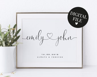 DIGITAL Gift For Wedding, Personalised Print, Custom Couple Names And Date Print, Printable Wedding Gift, Print For Couple, Engagement Print