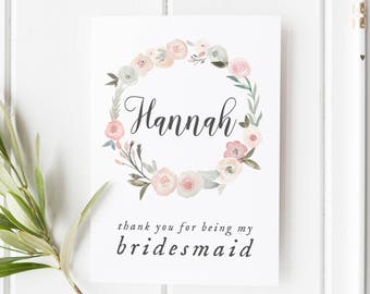 Thank You Bridesmaid Card, Card For Bridesmaid, Pretty Flower Girl Card, Maid Of Honor Card, Wreath Bridesmaid Card, Pretty Bridesmaid Card