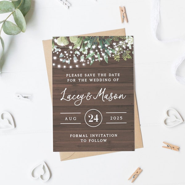 Rustic Save The Date Card, Boho Save The Date, Greenery & Wood Wedding Invitation, Barn Wedding Invite, Summer Save The Date Card