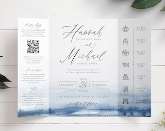 Navy Watercolour Gatefold Wedding Invitation, Nautical Style Invite