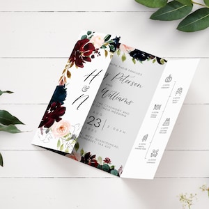 Printed Winter Wedding Invitation, Navy & Burgundy Flower Wedding, Gatefold Floral Wedding Invite, December Wedding, Wreath Wedding Invite