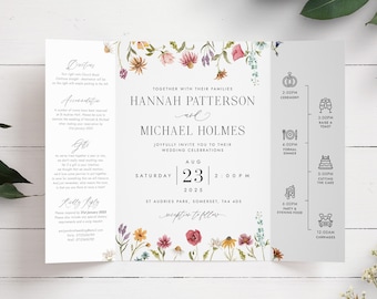 May include: A wedding invitation with a floral border. The invitation is for Hannah Patterson and Michael Holmes. The wedding will take place on 23 August 2025 at St. Audries Park, Somerset, TA8 4DS. The invitation includes a timeline of events for the day.