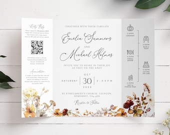 Autumn Gatefold Wedding Invitation, Fall Wedding Invitation, Folded Wedding Invitation, Halloween Wedding Invite, Printed Autumn Invites