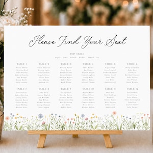 May include: A white wedding seating chart sign with black text reading Please Find Your Seat and listing twelve tables with guest names. The bottom border features a colourful watercolour illustration of various wildflowers and green stems.