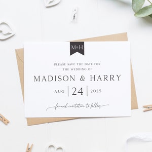 Carte de sauvegarde simple de la date, monogramme Enregistrer la date avec enveloppe, enregistrement minimal de la date, invitation de mariage classique imprimée