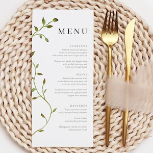 Printed Greenery Wedding Menus, Botanical Printed Menu Cards For Reception, Elegant Wedding Breakfast Menu, Dinner Menu Cards, DL Size Menu