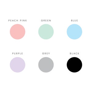 May include: A chart with six colored circles, each labeled with a color name: peach pink, green, blue, purple, grey, and black.