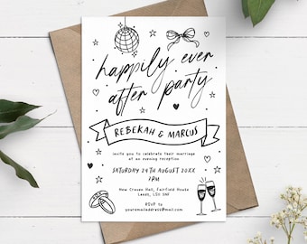 Hand-Drawn Wedding After Party Invitations: Happily Ever After Whimsical Evening Reception Invite