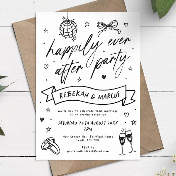 Hand-Drawn Wedding After Party Invitations: Happily Ever After Whimsical Evening Reception Invite