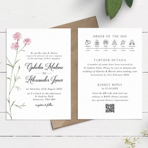 May include: Wedding invitation featuring a floral design with pink flowers and green leaves. The invitation includes the names Ophelia Malone and Alexander Jones, the date Saturday 25th August 2025, and the location St Audries Park, Somerset, TA4 4DS. The invitation also includes a QR code for RSVP.