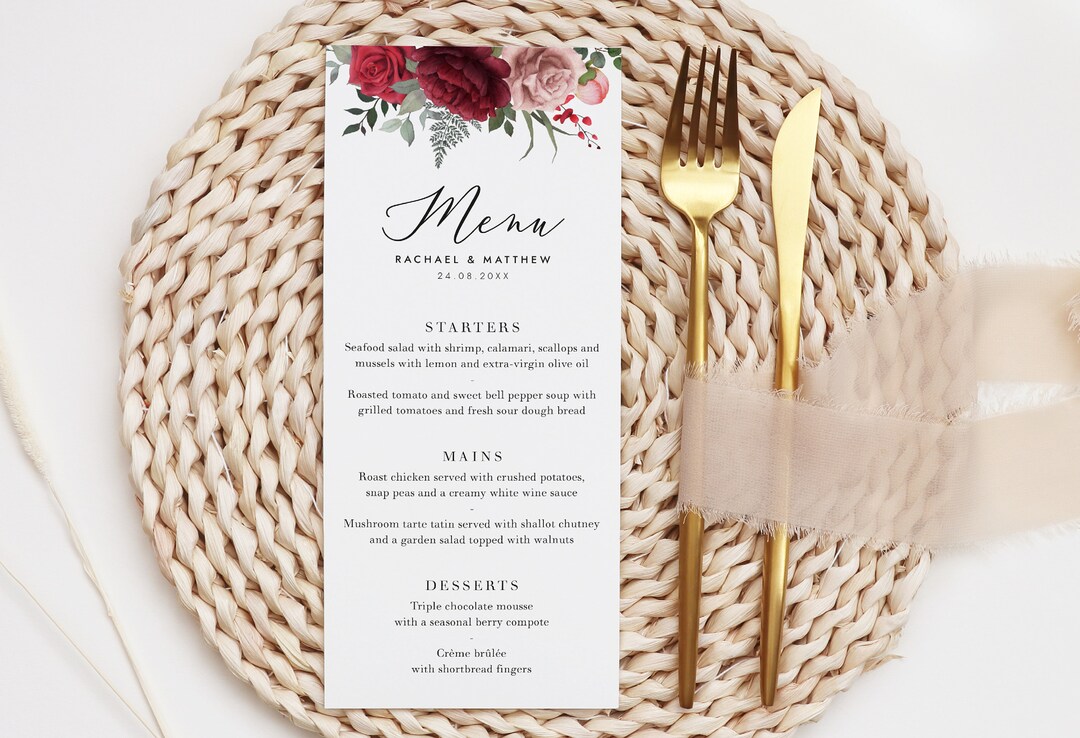 Printed Red Rose Wedding Menus, Red Rose & Blush Printed Menu Cards ...