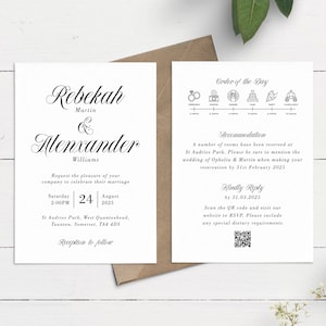May include: A wedding invitation with a black and white design. The invitation features the names Rebekah Martin and Alexander Williams, the date and time of the wedding, and the location. The invitation also includes a QR code for RSVP and a section for accommodation details.