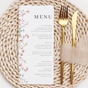 Menus de mariage imprimés fleurs sauvages, Cartes de menu à fleurs pour réception, Menu de petit-déjeuner de mariage élégant, Cartes de menu du dîner, Menu au format DL