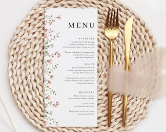 Printed Wildflower Wedding Menus, Floral Printed Menu Cards For Reception, Elegant Wedding Breakfast Menu, Dinner Menu Cards, DL Size Menu