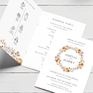 May include: A wedding ceremony order of service with a floral wreath design. The order of service includes the names Amelia and Harry, the date and time of the ceremony, and the name of the officiant. The wedding party is listed on the left side of the page.