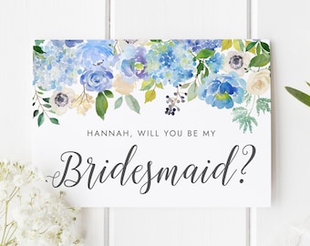 Personalised Bridesmaid Card, Will You Be My Bridesmaid Card, Blue Floral Bridesmaid Card, Bridesmaid Proposal Card, Hydrangea Wedding