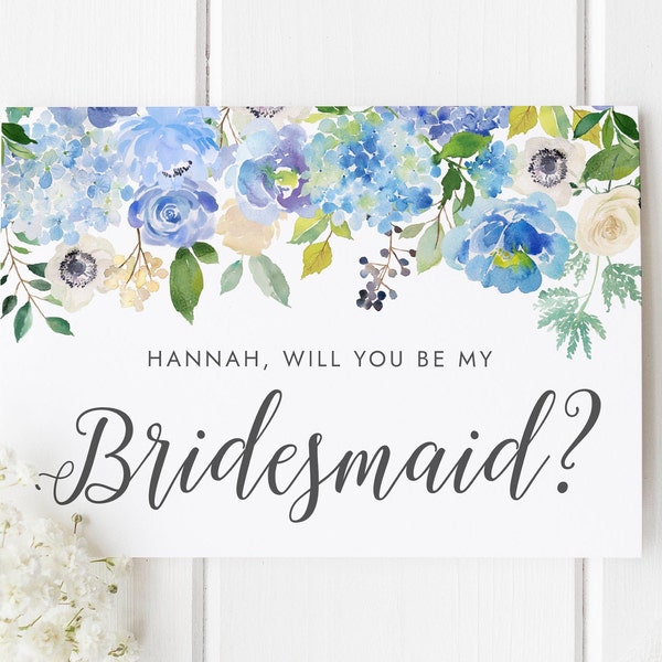 Personalised Bridesmaid Card, Will You Be My Bridesmaid Card, Blue Floral Bridesmaid Card, Bridesmaid Proposal Card, Hydrangea Wedding