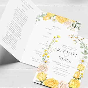 May include: A wedding order of service featuring yellow and white floral illustrations. The order of service includes the names Rachael and Niall, the date 24th August 20XX, and the location Church of St Ethelreda, West Quantorhead.