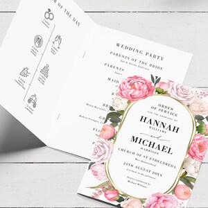 May include: A wedding invitation featuring a floral design with pink and white peonies, roses, and greenery. The invitation includes the names Hannah Williams and Michael Harrison, the date 24th August, and the location Church of St Ethelreda.