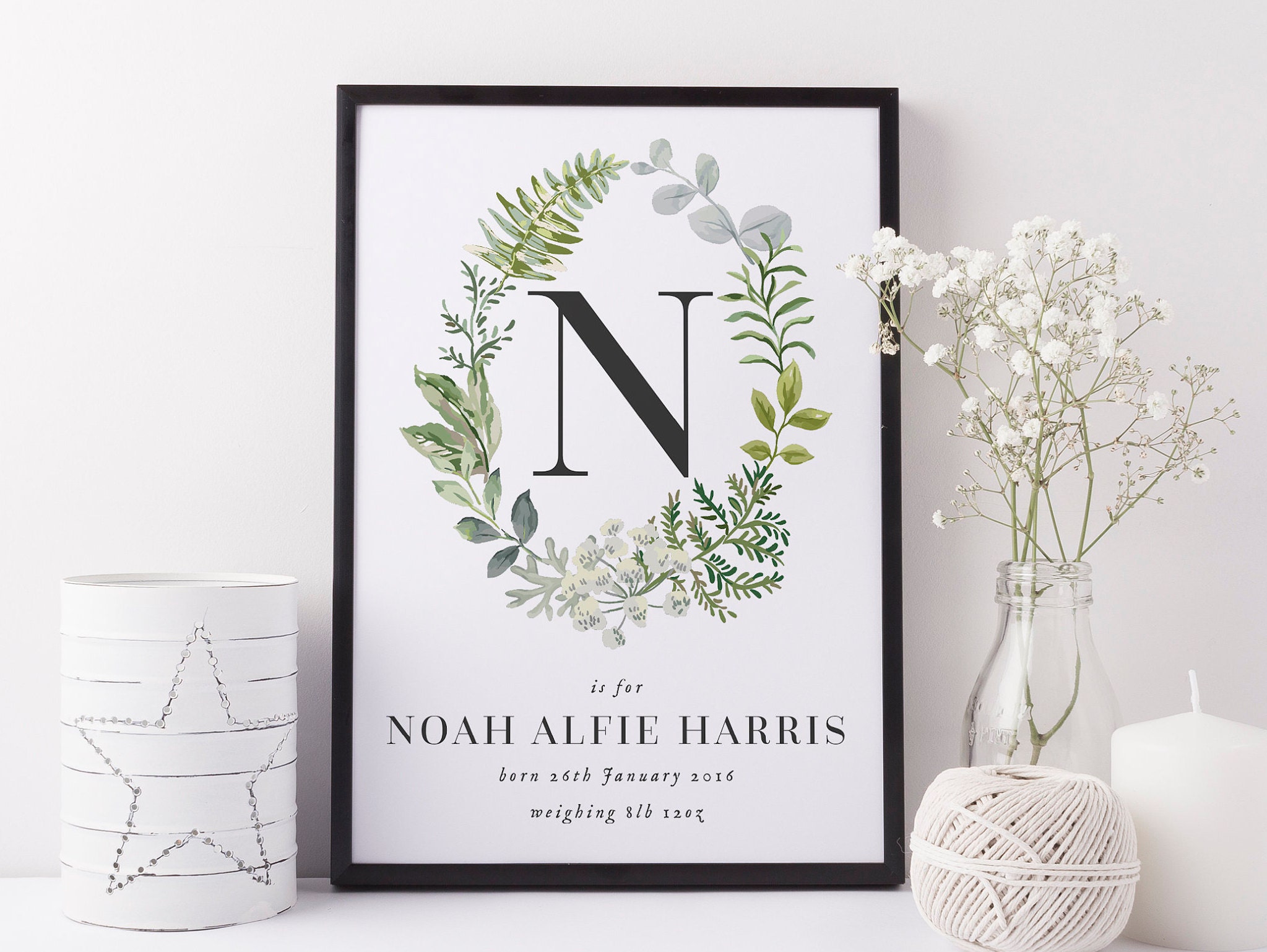 New Baby Print, Botanical Birth Print, Personalised Initial Print, Gr…