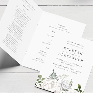 May include: A white wedding order of service with black text. The order of service includes the details for the wedding of Rebekah and Alexander, which will take place at the Church of St Etheldreda on August 24th, 20XX at 2 o'clock in the afternoon.