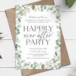 Élégante invitation de mariage d'eucalyptus après une fête, carte de verdure pour toujours, invitation de réception botanique moderne avec RSVP