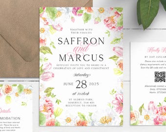 Watercolor Spring Floral Wedding Invitation Suite with Envelopes