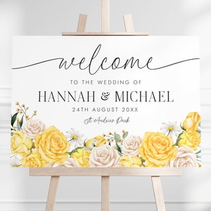 Señal de recepción de bienvenida, señal de bienvenida de rosa amarilla y blanca, señal de boda de bienvenida floral, bienvenida personalizada a la boda de