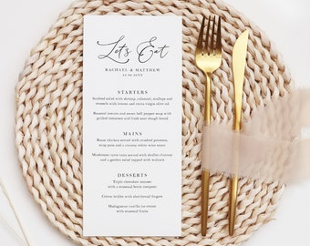 Printed Wedding Dinner Menus, Let's Eat Menu Cards For Reception, Personalised Wedding Breakfast Menu, Dinner Menu Cards, DL Size Menu