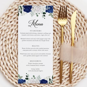 Cartes de menu bleu royal et blanc, menu de petit-déjeuner de mariage rose, menus de mariage imprimés floraux bleus, cartes de menu de réception, menu de taille DL