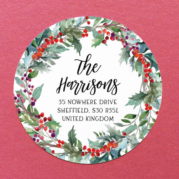 Christmas Wreath Address Label, Family Return Address Sticker, Wreath Address Labels, Christmas Card Address Label, Holidays Address Labels