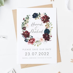 Winter Save The Date Card, Floral Wedding Invite, Wreath Save Our Date Card, Navy Wedding Invite, Autumn Save The Date, Burgundy Wedding