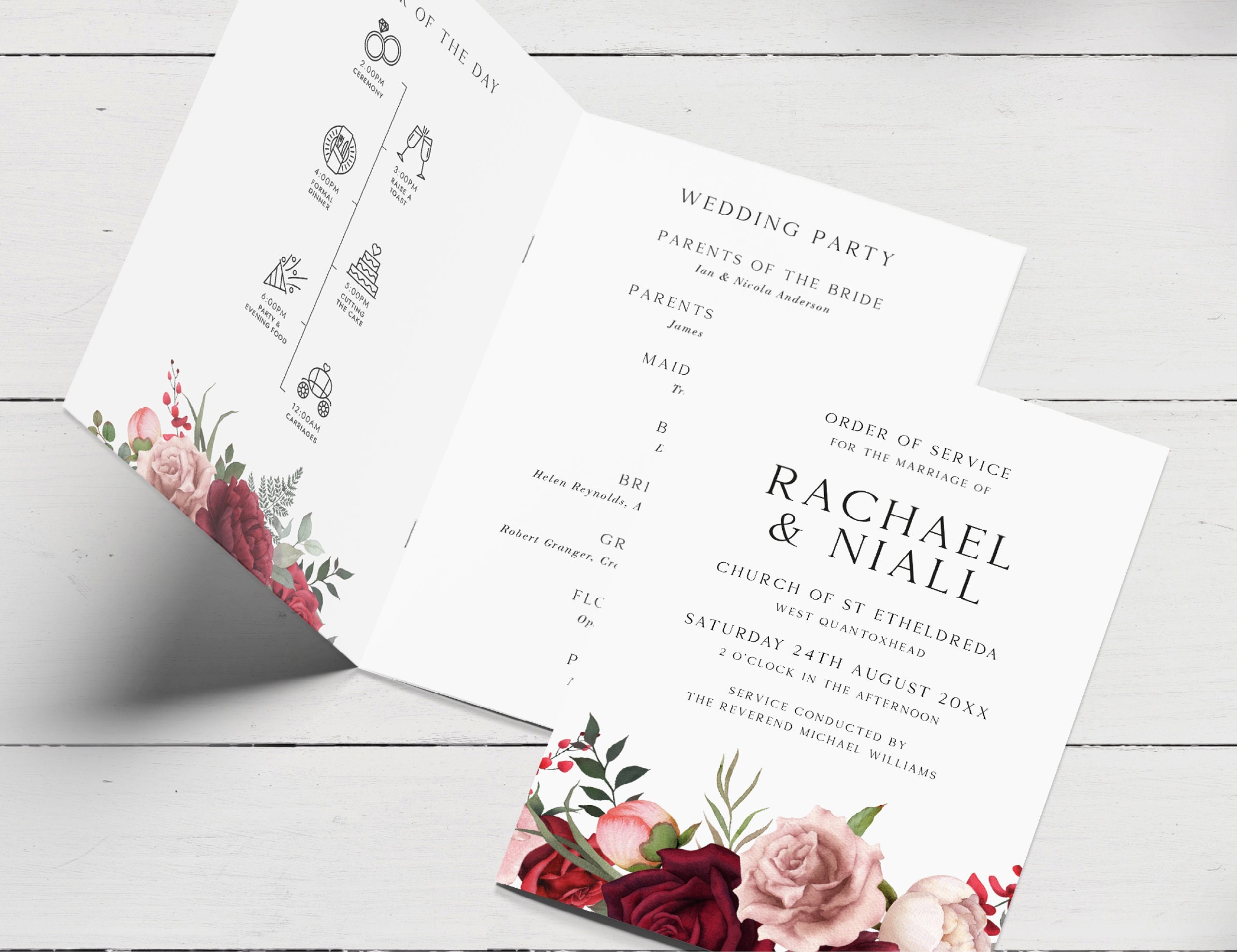 Wedding Order Of Service, Burgundy And Blush Pink Floral Order Of Service Booklet, Wedding Programme, Ceremony Order Of Events