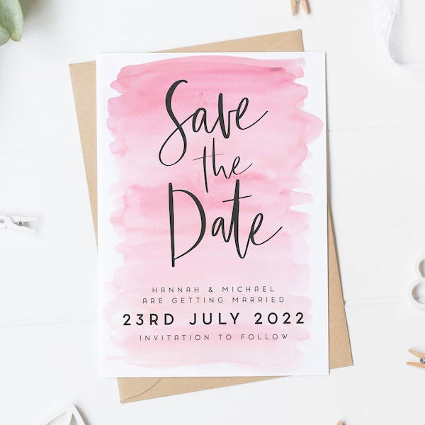 Save The Date Card, Watercolour Save The Date, Pink Watercolour Invite, Personalized Wedding Card, Save Our Date Card, Summer Wedding Card