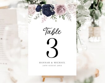 Printed Table Numbers, Table Name Cards For Wedding Reception, Floral Table Number Cards, Navy And Blush Pink Rose Table Names